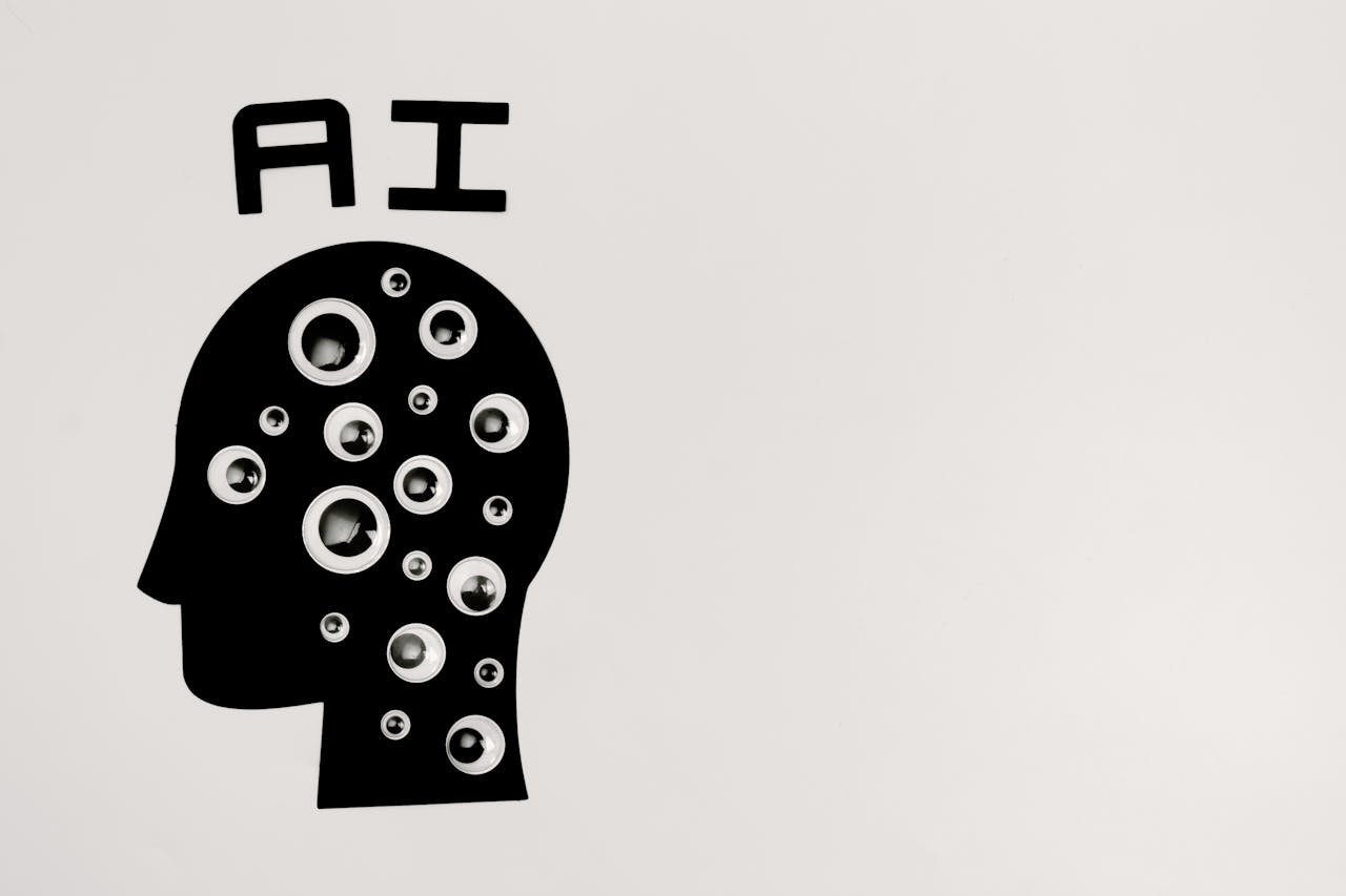 about-us-01 Abstract illustration of AI with silhouette head full of eyes, symbolizing observation and technology.
